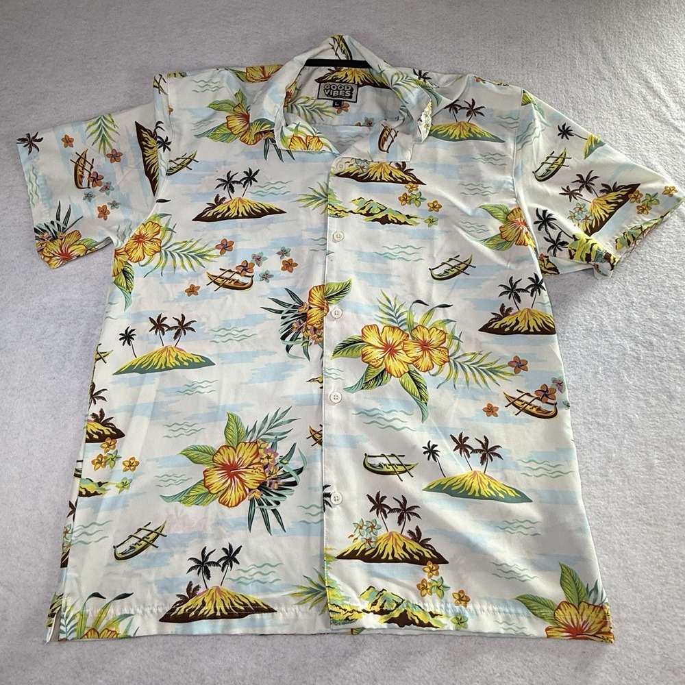 VTG‎ Good Vibes Hawaiian Shirt Large White Island Volcano Floral